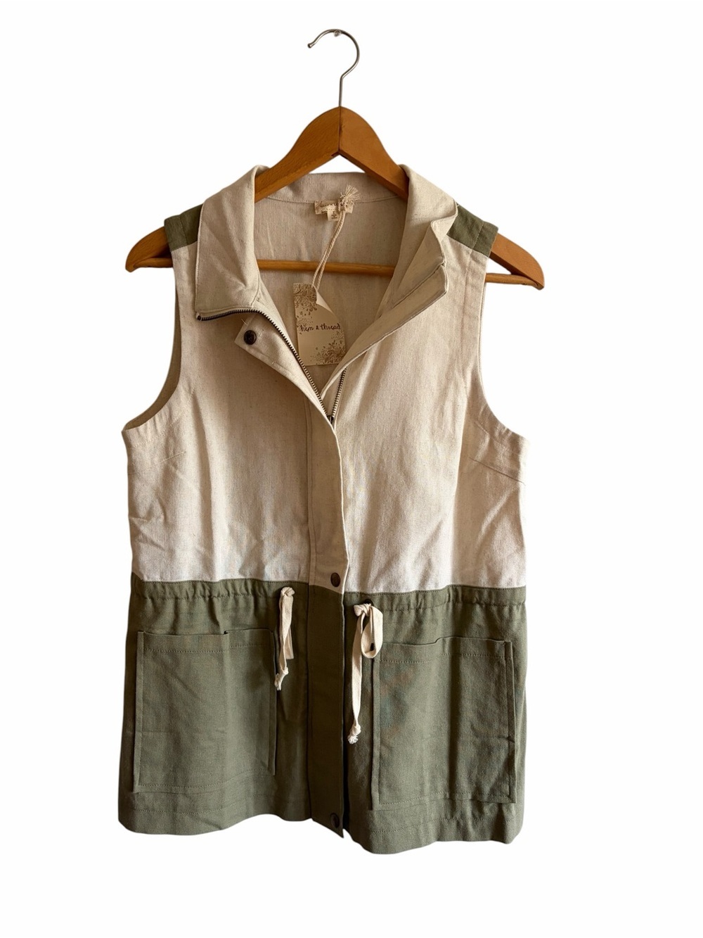 Hem & Thread Cream and Olive Drawstring Utility Vest NWT